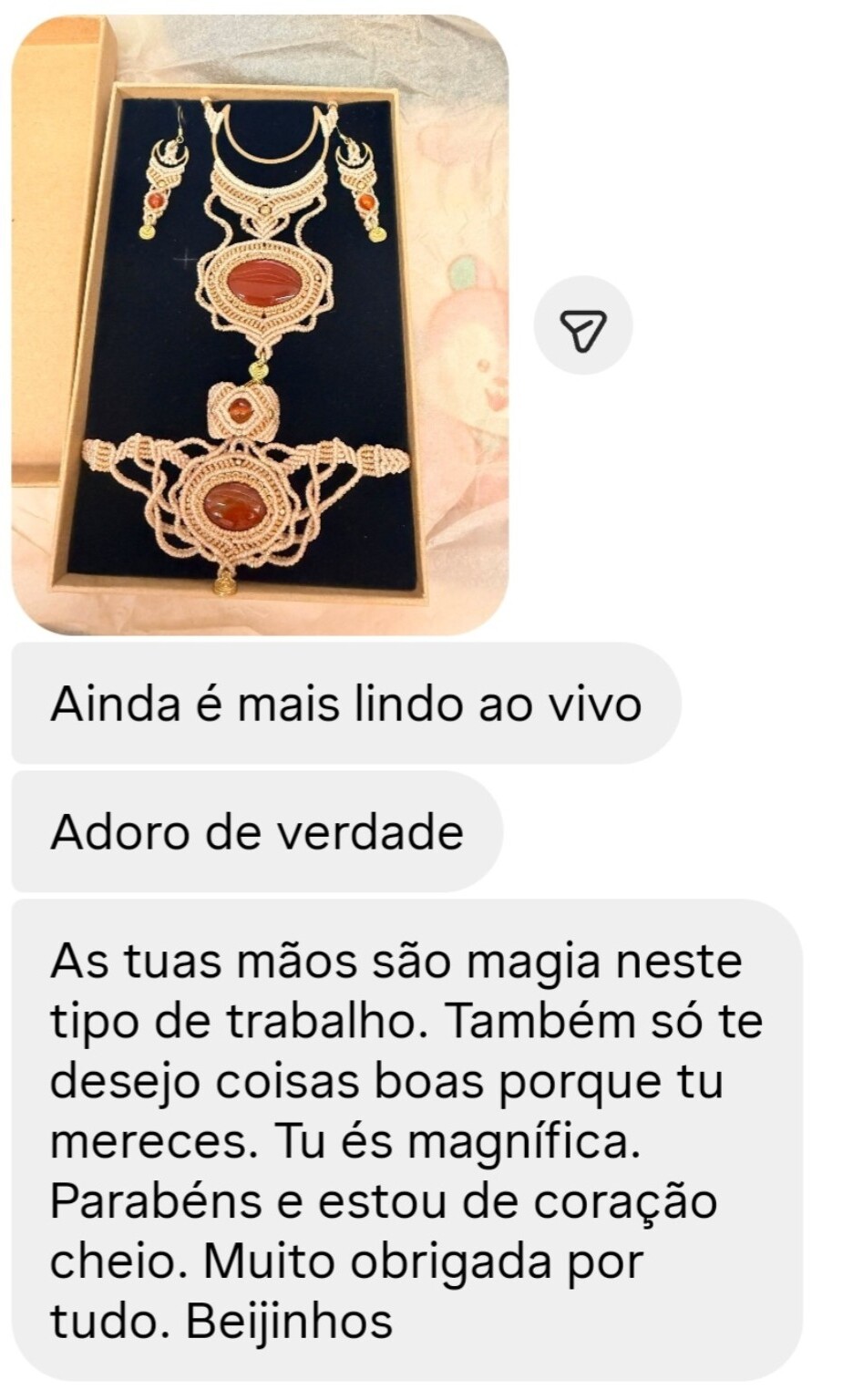 Screenshot de feedback real sobre o conjunto com Cornalina